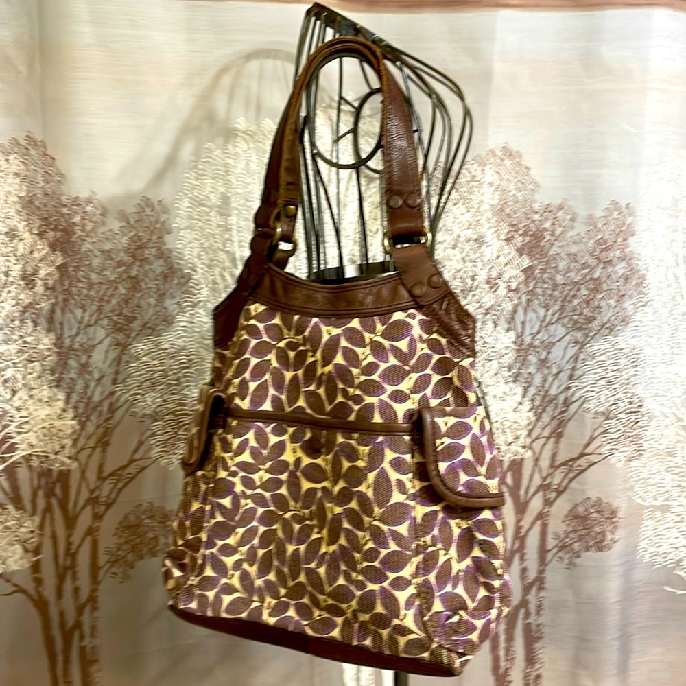 Excellent Lucky Brand Large Shoulder Quality Canvas Leather Vine Print Bag